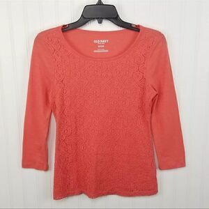 Old Navy Womens Size XS Coral Orange 3/4 Sleeve Embroidered Front Knit Shirt Top